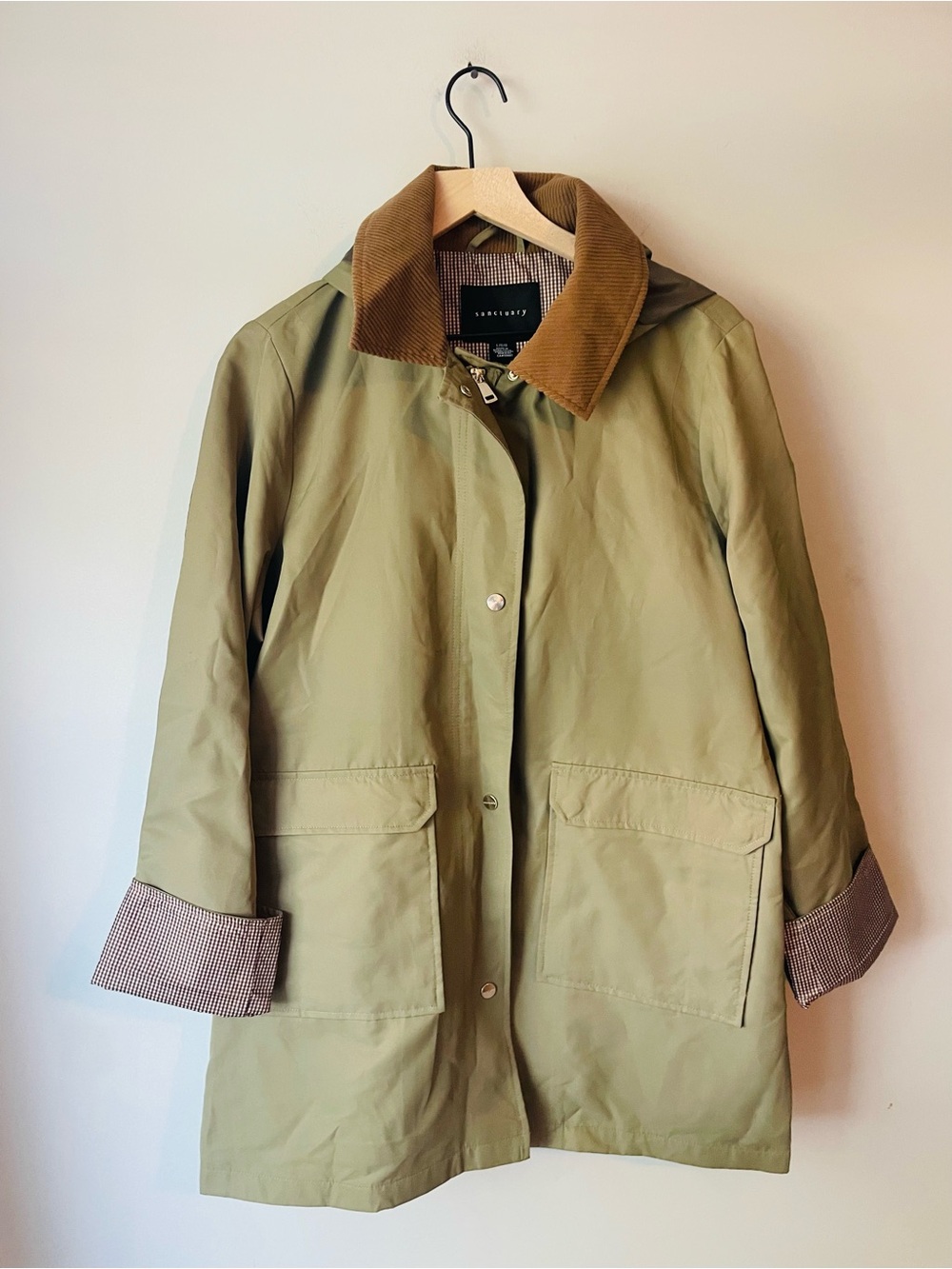 Sanctuary Olive Green Trench  Chore Coat with Brown Corduroy Collar